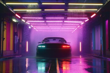 Poster - Futuristic Car in Neon-Lit Tunnel Under Rain Showers