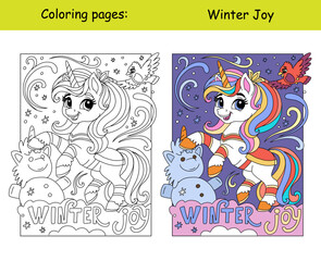 Kids coloring and color sample making a snowman vector