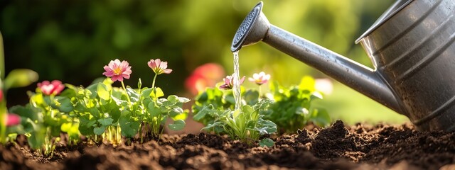 Wall Mural - Watering colorful flowers in a sunny garden during spring with a silver watering can