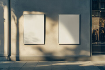 White blank template banners hanging on the wall of a modern clothing store