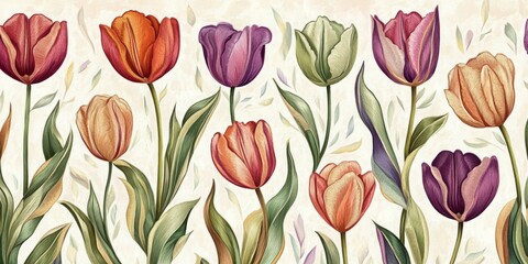 Poster - A vibrant and colorful collection of tulips stands in a beautiful pattern. The artwork showcases soft petals in various shades. Perfect for spring themes and floral designs. AI