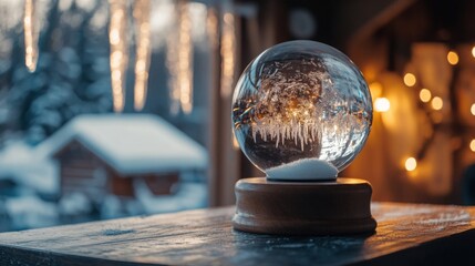 Aufkleber - A beautifully crafted snow globe features a serene winter scene with icicles and snow-covered trees. Soft evening light enhances the cozy atmosphere in the background.
