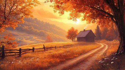 Canvas Print - autumnal landscape with a cabin. perfect for illustrating themes of peace, tranquility, and rustic l