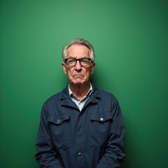 confident mature man in casual attire against a green background.