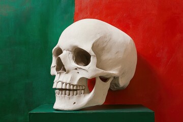 Wall Mural - white plaster human skull before a red and green background - generative ai