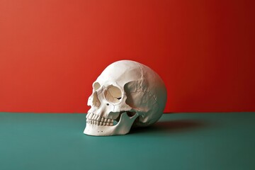 Wall Mural - white plaster human skull before a red and green background - generative ai