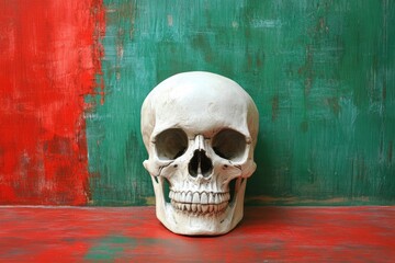 Wall Mural - white plaster human skull before a red and green background - generative ai