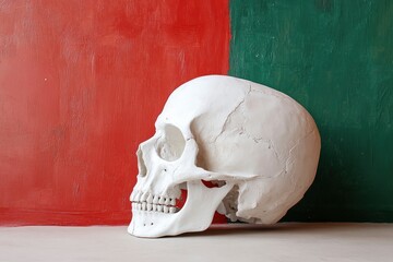 Wall Mural - white plaster human skull before a red and green background - generative ai