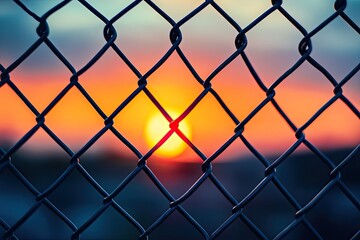 Wall Mural - Close-up shot of a chain link fence. The photo depicts a beautiful sunset through the fence.