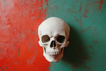 Wall Mural - white plaster human skull before a red and green background - generative ai