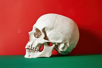 Wall Mural - white plaster human skull before a red and green background - generative ai