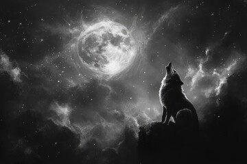 Wall Mural - wolf howling at the moon background - generative ai