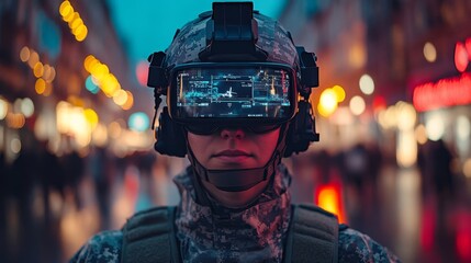 Aufkleber - A soldier stands confidently in an urban area at twilight, equipped with a cutting-edge augmented reality headset that displays vital information, highlighting advancements in military gear.