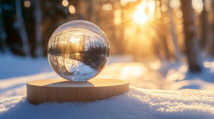 Poster - A clear glass orb rests on a wooden base, capturing the vibrant colors of the sunset filtering through a wintry forest. The snow blankets the ground, enhancing the serene atmosphere of twilight.