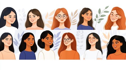 Poster - Diverse Group of Young Women Portraits in Casual Modern Style