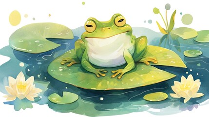Poster - A cheerful green frog relaxes on a lily pad surrounded by tranquil water lilies in a serene pond during a sunny afternoon