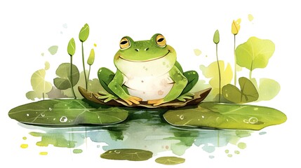Poster - A cheerful green frog relaxes on a lily pad surrounded by tranquil water lilies in a serene pond during a sunny afternoon