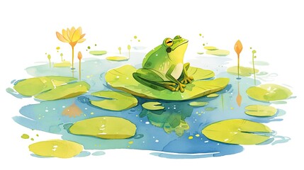 Poster - A cheerful green frog relaxes on a lily pad surrounded by tranquil water lilies in a serene pond during a sunny afternoon