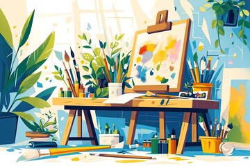 Aufkleber - Creative workspace filled with colorful paint pots, brushes, and splashes of vibrant colors showcasing an artistic environment ideal for crafting and painting activities