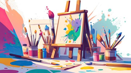 Poster - A bright and vibrant art studio filled with easels, paintbrushes, and tools, illuminated by sunlight streaming through large windows during the day