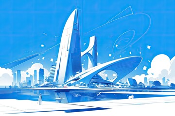Fototapete - Futuristic cityscape featuring advanced architecture, sleek transport systems, and a vibrant blue sky reflects innovation and technology in a thriving urban environment