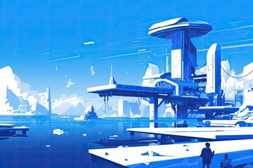 Fototapete - Futuristic cityscape featuring advanced architecture, sleek transport systems, and a vibrant blue sky reflects innovation and technology in a thriving urban environment