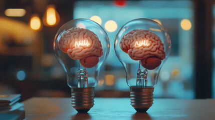 Two light bulbs with human brains inside on a table, a creative thinking concept background. High-resolution photo for stock photography and advertising. 3D rendering, copy space, high ai 