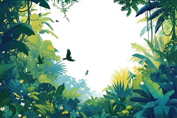 Poster - Lush tropical foliage frames a blank space in a green jungle setting, inviting exploration and adventure beneath bright sunlight