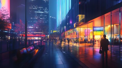 79. A vibrant cityscape with people and an empty area for a product