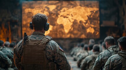 Leinwandbilder - A group of soldiers attentively listens to a briefing in a military command center, featuring a large world map illuminated behind them, highlighting their mission focus.
