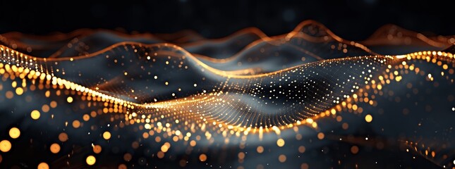 Poster - Futuristic Abstract Digital Background with Gold Dots and Lines on Black