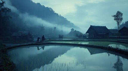 A serene morning scene of hill tribe villagers working in terraced rice fields, surrounded by mist-covered mountains, capturing the peaceful rural life in northern Thailand.