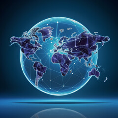 Digital world map with glowing connections, representing global networking and technology advancements on a blue background.