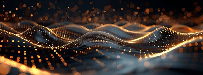 Poster - Abstract Futuristic Hi-Tech Landscape with Gold Dots and Lines on Black Background for Technological Applications