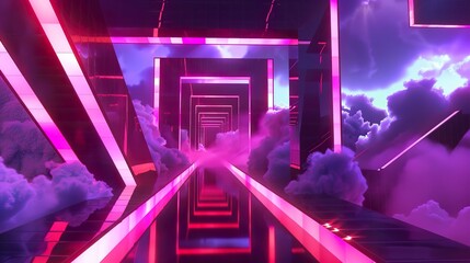 Wall Mural - neon lights tunnel: futuristic architecture and dreamlike reflections