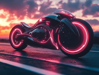 Futuristic motorcycle with glowing red wheels on a highway at sunset.