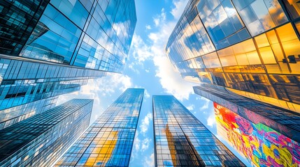 Towering glass skyscrapers reflect the blue sky while colorful graffiti sprawls across their foundations, symbolizing the clash and harmony of two worlds