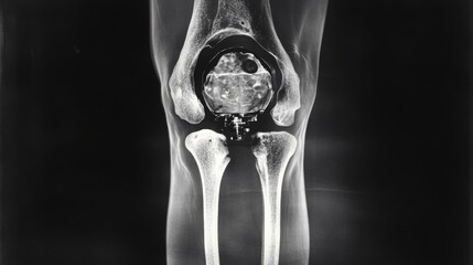 Poster - This detailed X-ray reveals a human knee joint with an artificial implant
