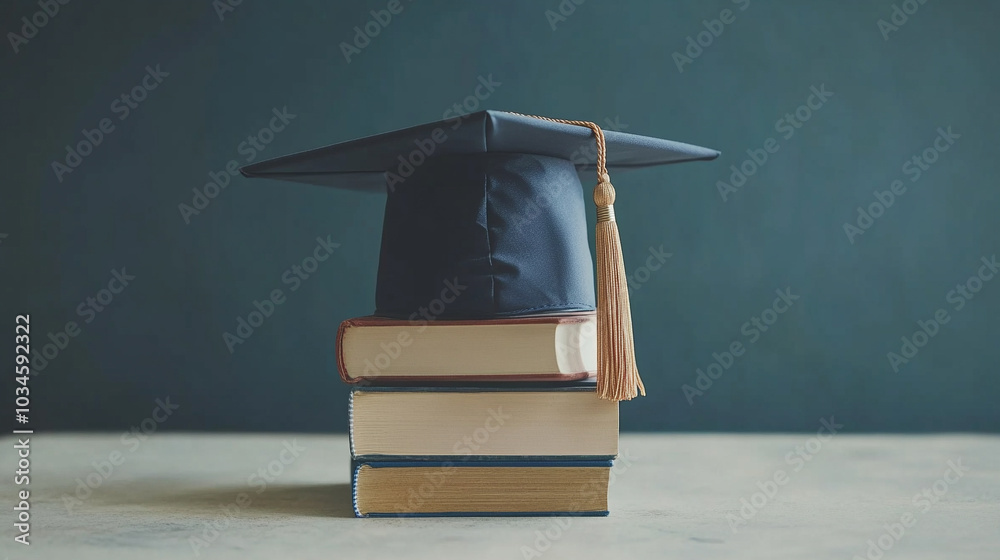 Graduation cap resting on stacked books with space for text ...