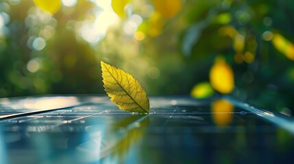 A leaf resting on solar panels, symbolizing renewable energy and nature's harmony with technology.