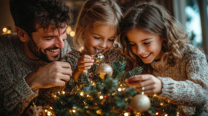 Poster - A father and his two daughters joyfully decorate a Christmas tree. They add ornaments and lights, sharing warm smiles in a cozy atmosphere filled with holiday spirit.
