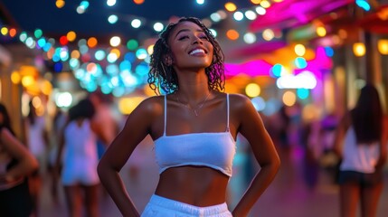 Surrounded by colorful lights, a smiling black woman in casual festival wear enjoys the energy of the night, exuding confidence and happiness.