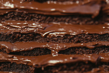 Wall Mural - an extreme close-up, parallel horizontal front view, surface of a sliced chocolate sandwich cake, filling the entire frame with its intricate layers