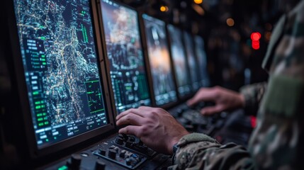 Fototapete - A soldier operates advanced digital mapping equipment in a dimly lit control room, analyzing real-time data on multiple screens during a tactical operation.