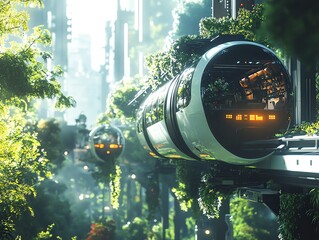 Wall Mural - Futuristic, sleek, white pods travel on an elevated track through a lush, green, urban jungle.