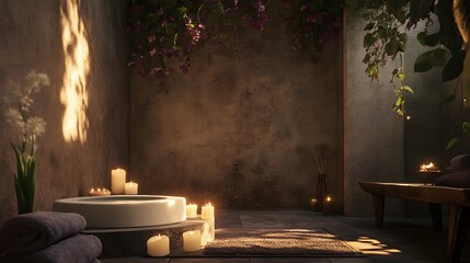 Wall Mural - 18. A serene spa environment with candles and an empty spot for a product