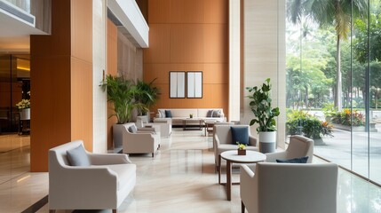Poster - Elegant modern lounge area with natural light and greenery in a contemporary building on a sunny day