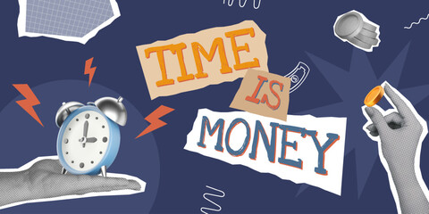 Time is money business concept collage. Trendy halftone banner with hands, 3D rendering vector alarm clock and coins