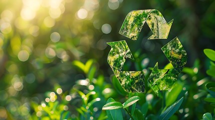 Wall Mural - A green recycling symbol overlaid on lush foliage, emphasizing environmental sustainability.