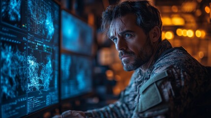 Poster - A soldier focuses intently on multiple computer screens, displaying intricate digital data while working late at night in a command center filled with advanced technology.